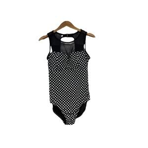Catalina Black White Polka Dot High Neck Mesh One Piece Swimsuit Classic L New